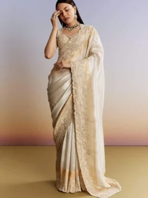 Ivory Dividend White & Gold Embroidered Saree