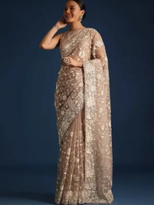 Heritage Yield Beige & Cream Floral Embroidered Saree