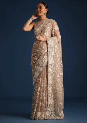 Heritage Yield Beige & Cream Floral Embroidered Saree