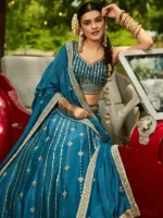 Elegant Teal Blue Embroidered Lehenga Choli Set – Radiate Grace and Grandeur