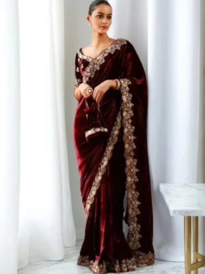 Maroon Velvet Saree with Gold Embroidery – Heritage Meets High Finance Elegance