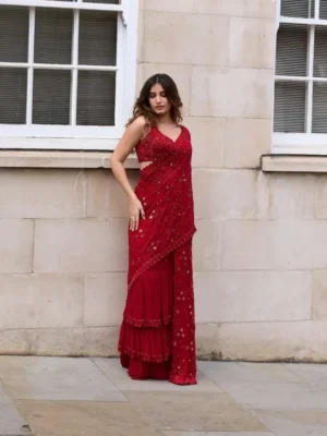 Red Embroidered Saree – Urban Royalty with a Global Trade Edge