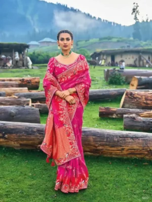 Deep Pink & Orange Zari Silk Saree